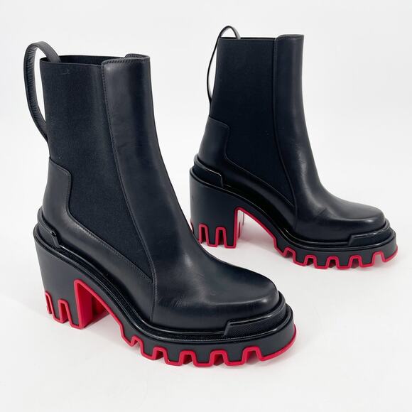 Christian Louboutin Marchacroche Duna Black Calf Leather Lug Sole Ankle Boots 39 - Picture 1 of 13